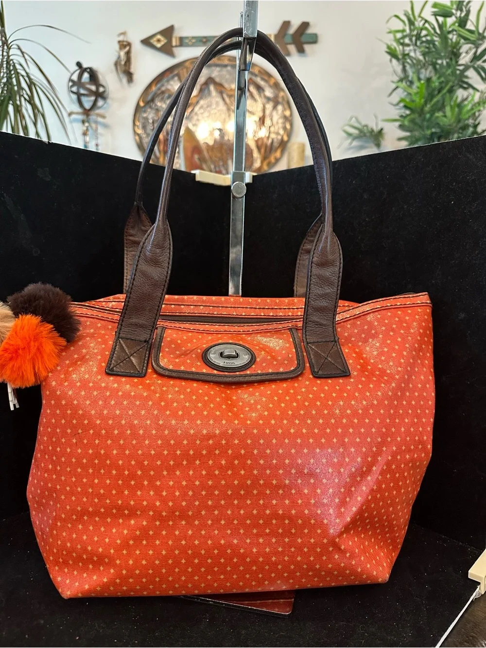 FOSSIL #075 Orange Tote Bag with Brown Handles